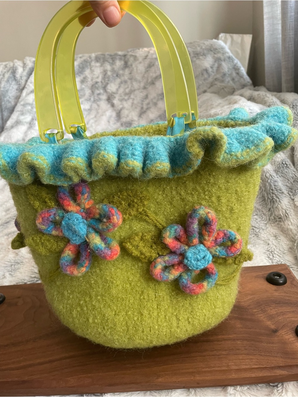 lime green felted wool purse with flowers - Picture 3 of 10
